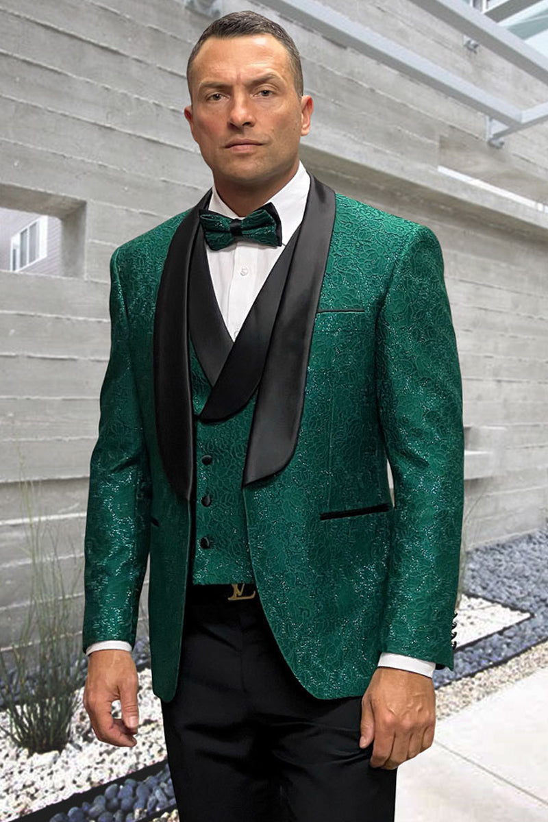 Men’s Designer Vested Floral Lace Wedding Tuxedo in Hunter Green