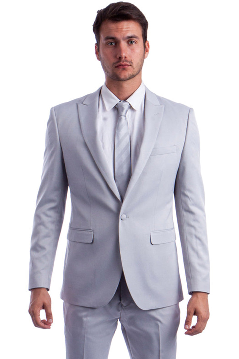 Men’s One Button Peak Lapel Basic Slim Fit Suit in Light Grey