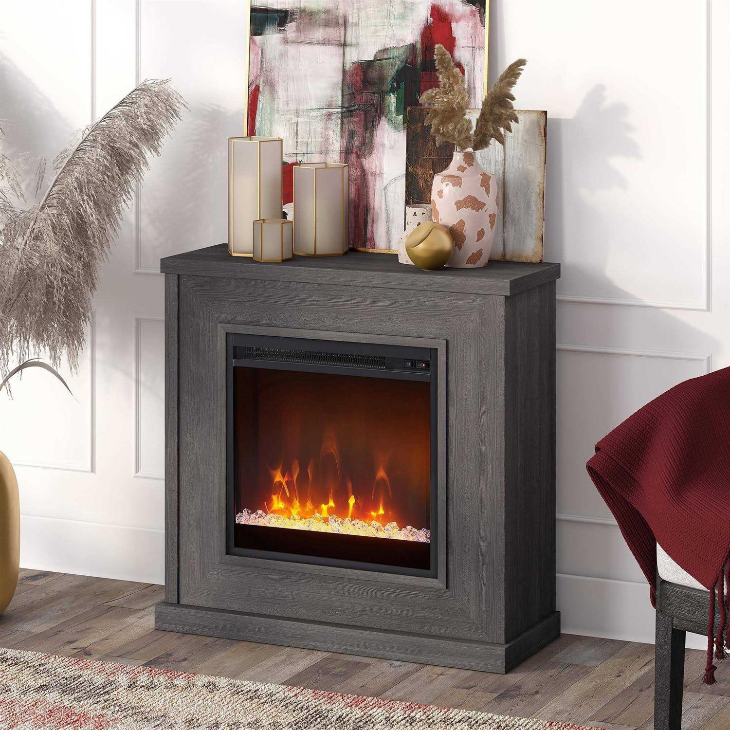 Henn&Hart Santos 30 Wide Mantel Fireplace with Crystal Fireplace Insert