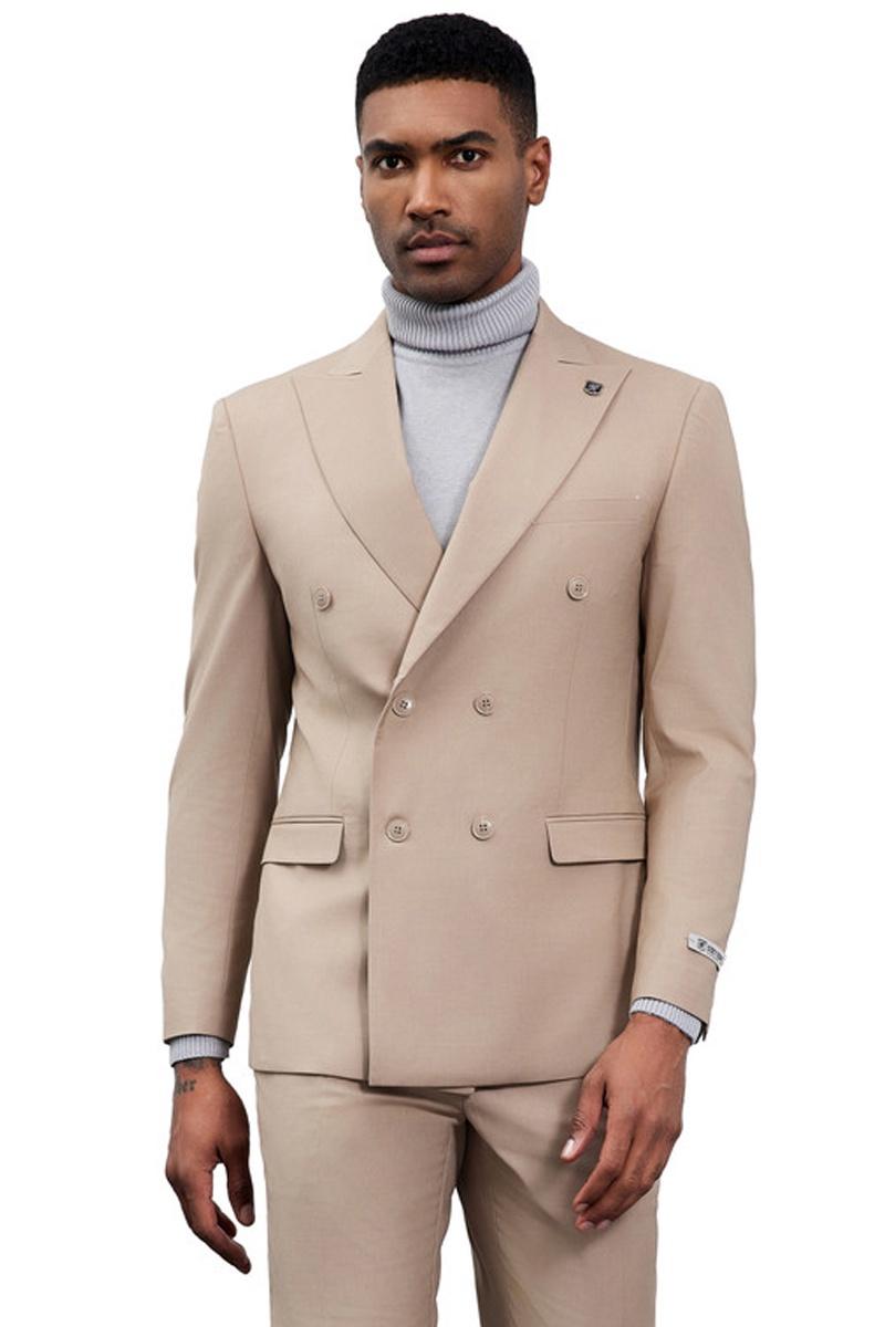 Men’s Designer Stacy Adams Classic Double Breasted Suit in Tan