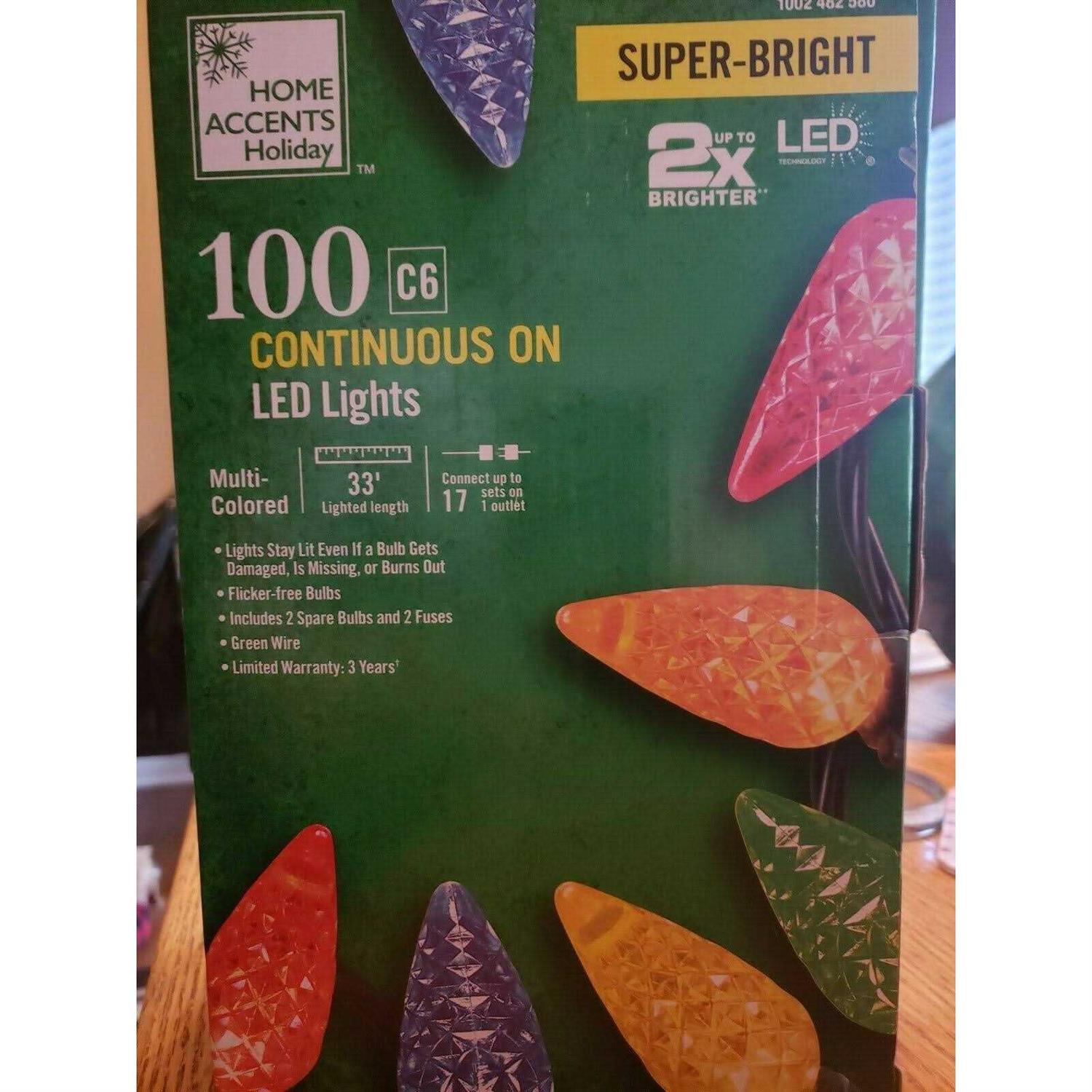 100-Lights Multi-Faceted C6 LED Steady Lit Lights Home Accents Holiday