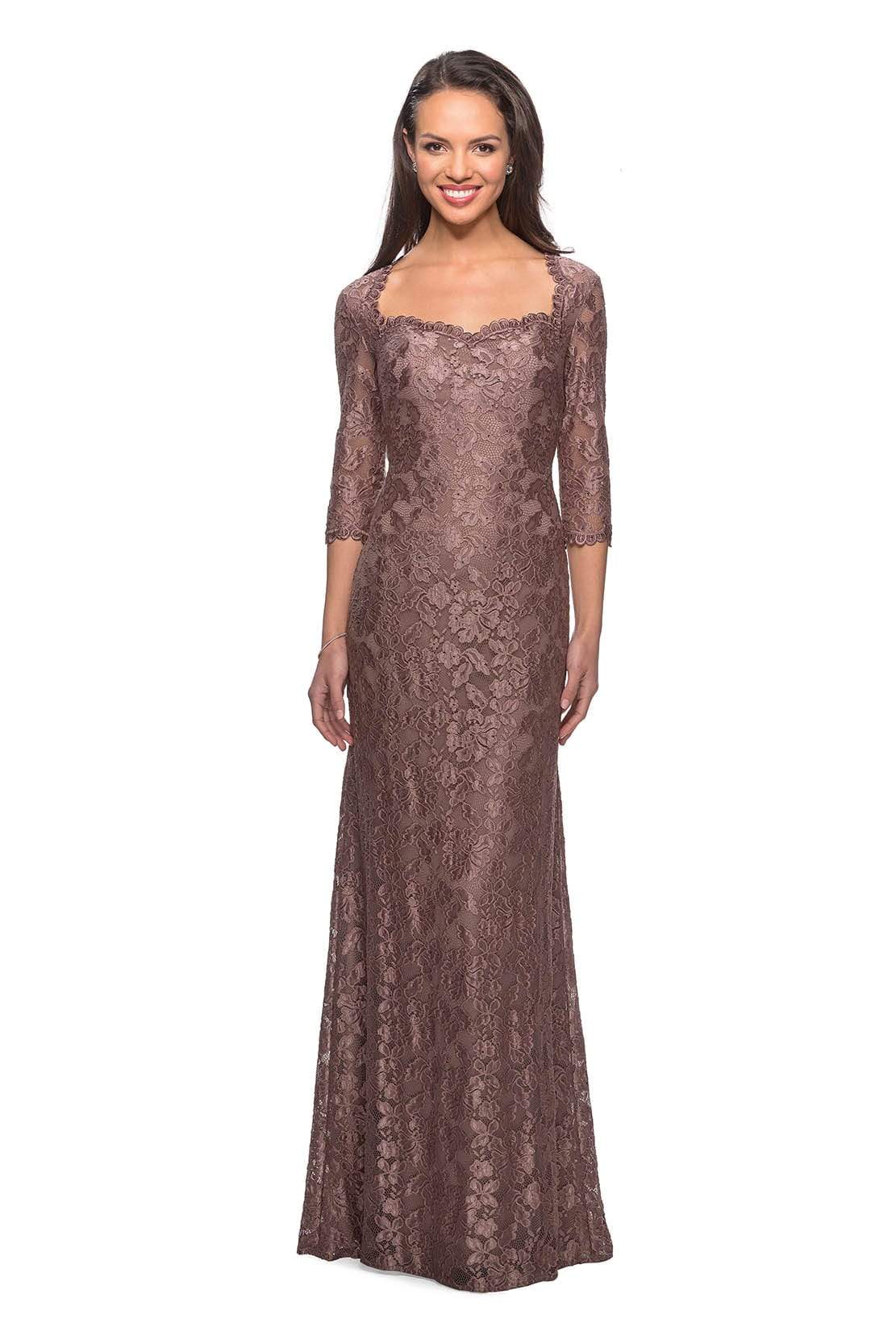 26427 Floral Lace Sheer Quarter Sleeve Sheath Gown