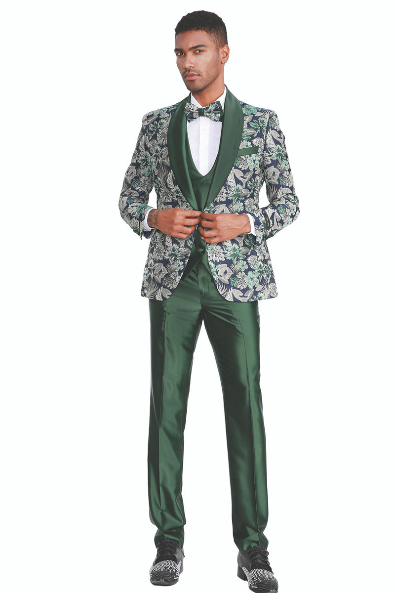 Men’s Slim Fit One Button Vested Paisley Shawl Lapel Prom Tuxedo in Hunter Green
