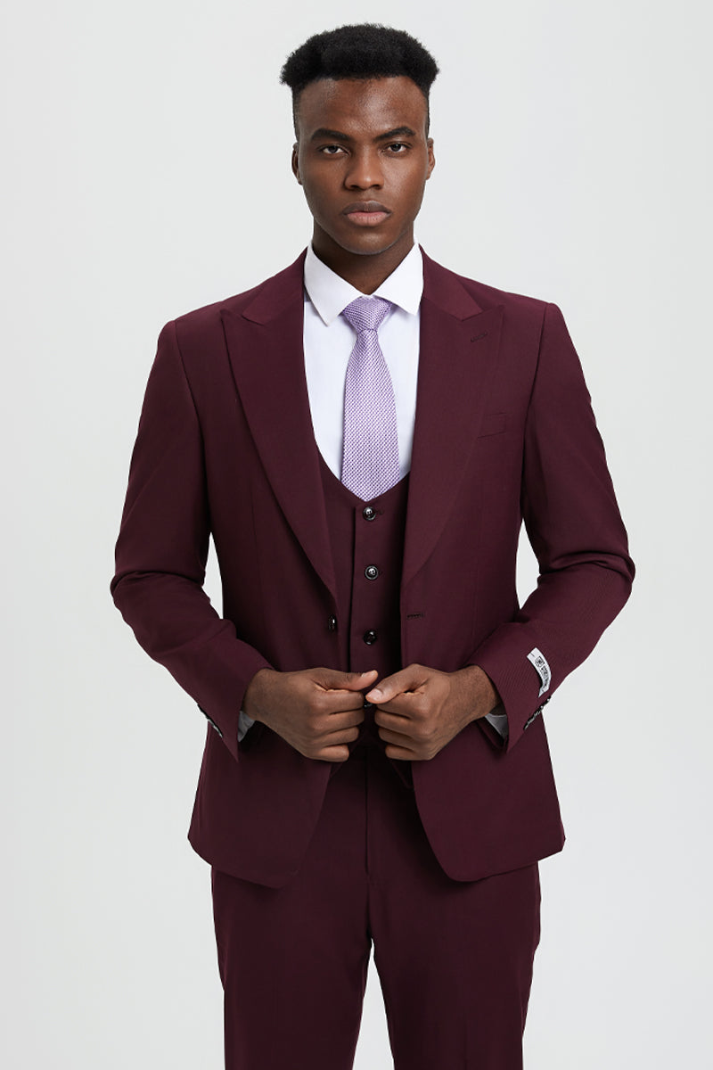 Men’s Vested One Button Peak Lapel Stacy Adams Designer Suit in Burgundy