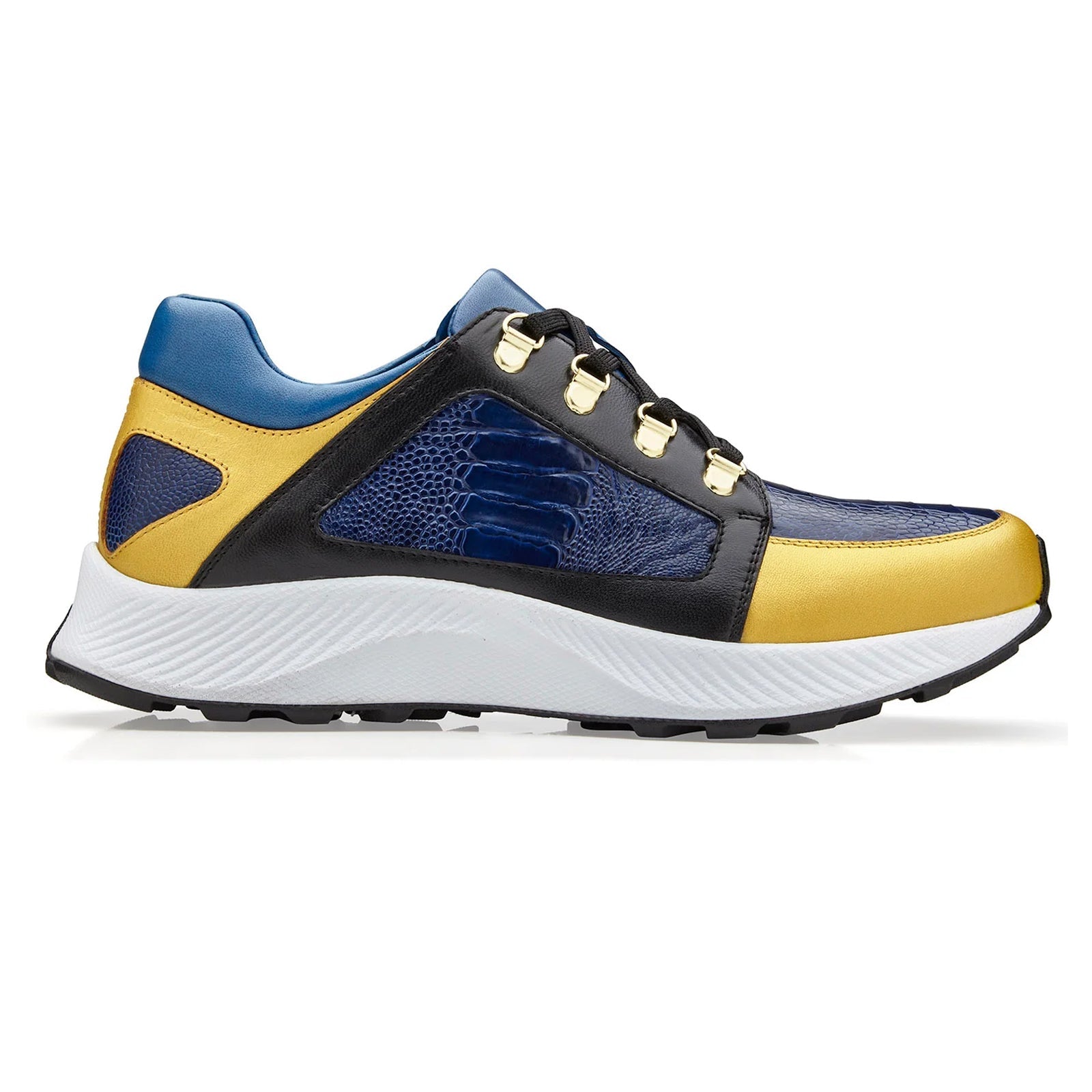 Men’s Belvedere Adam Ostrich & Italian Calfskin Sneaker in Gold, Blue & Black