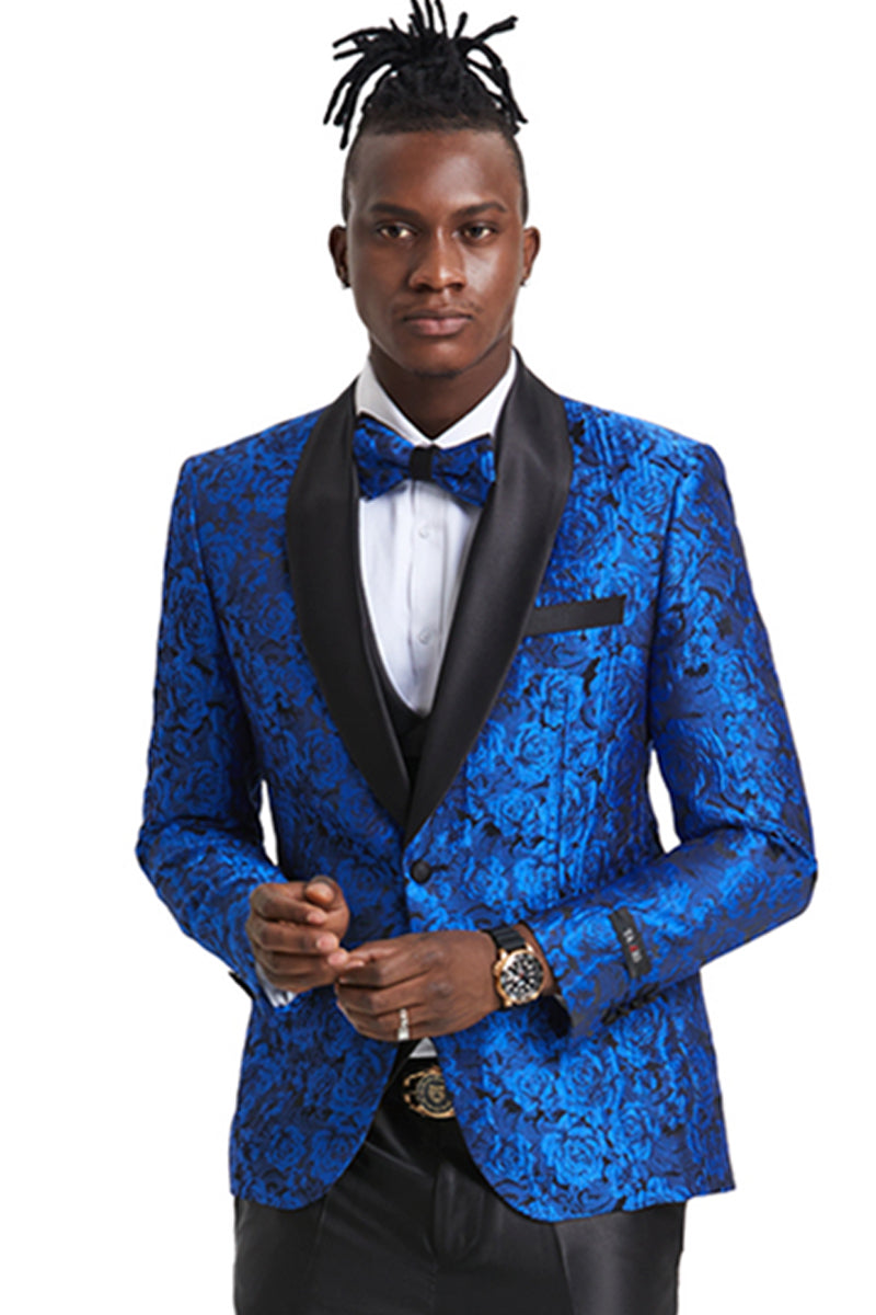 Men’s One Button Slim Fit Shiny Paisley Floral Vested Prom Tuxedo in Royal Blue