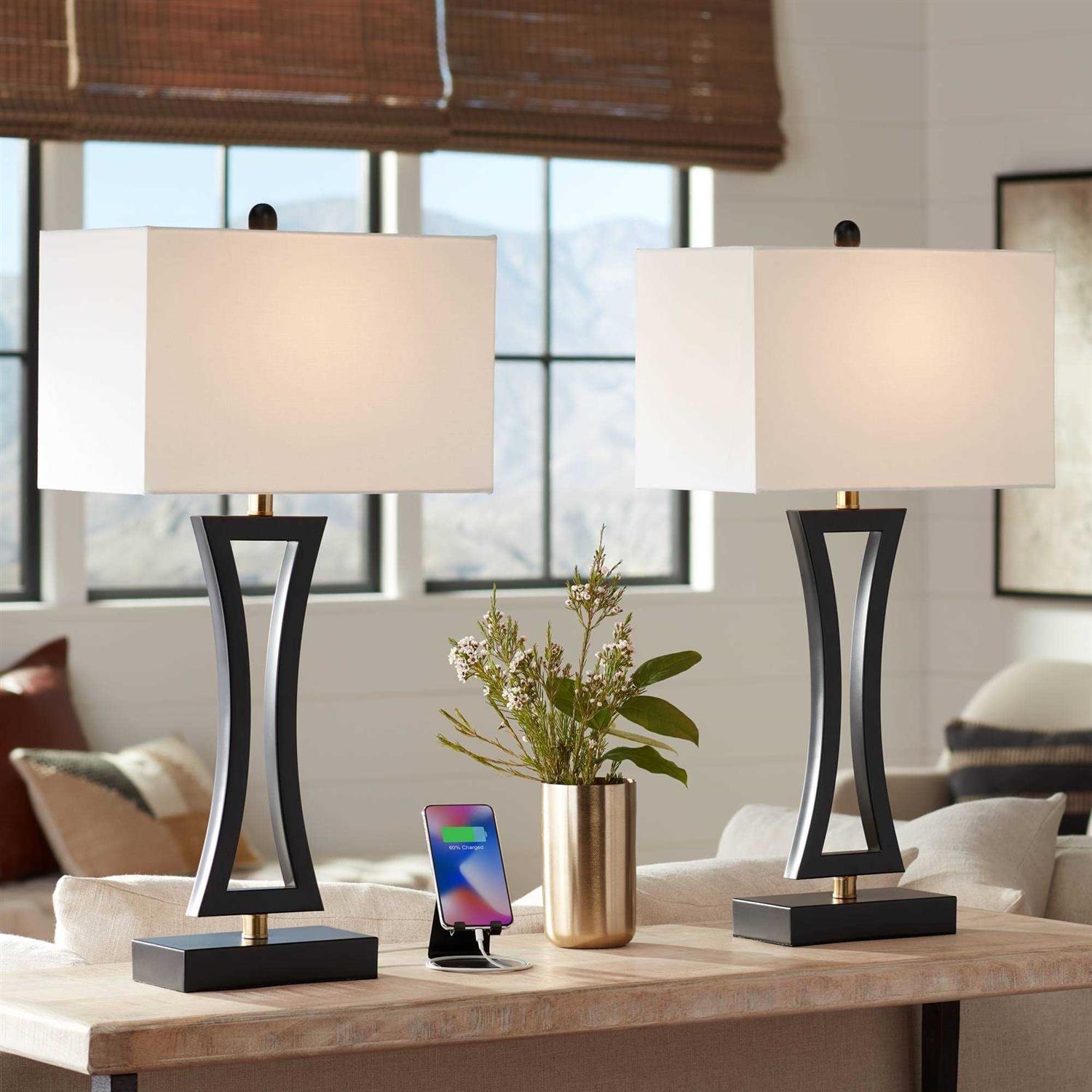 360 Lighting Roxie Modern Table Lamps 31 Tall Set of 2 Brushed Nickel Off White Fabric Rectangular Shade for Bedroom