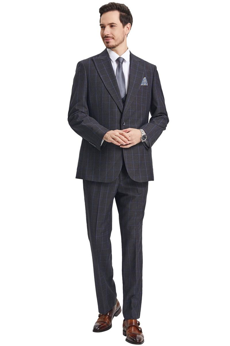 Men’s Stacy Adams Peak Lapel Charcoal Grey Windowpane Plaid Suit with a Scoop Neck Vest