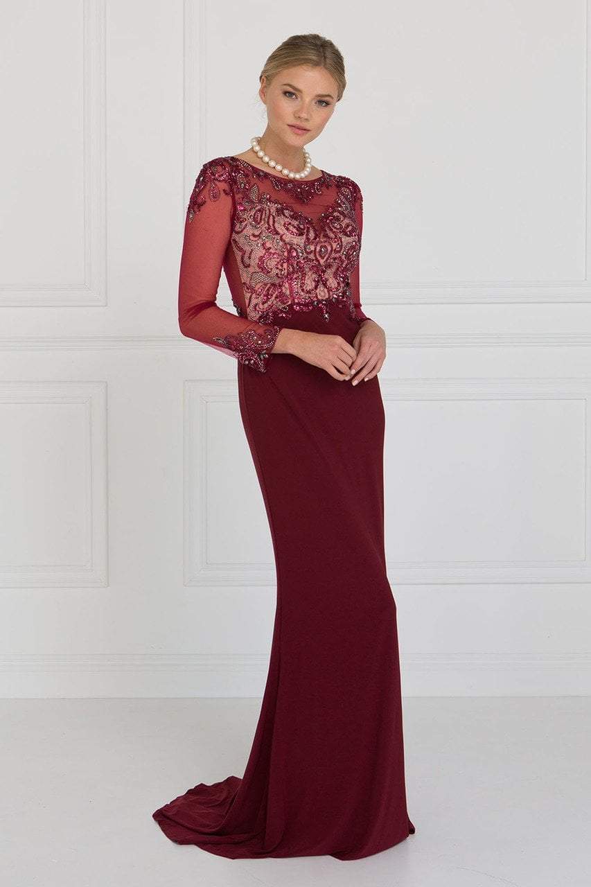 GL1506 Sheer Long Sleeves Sequined Evening Dress