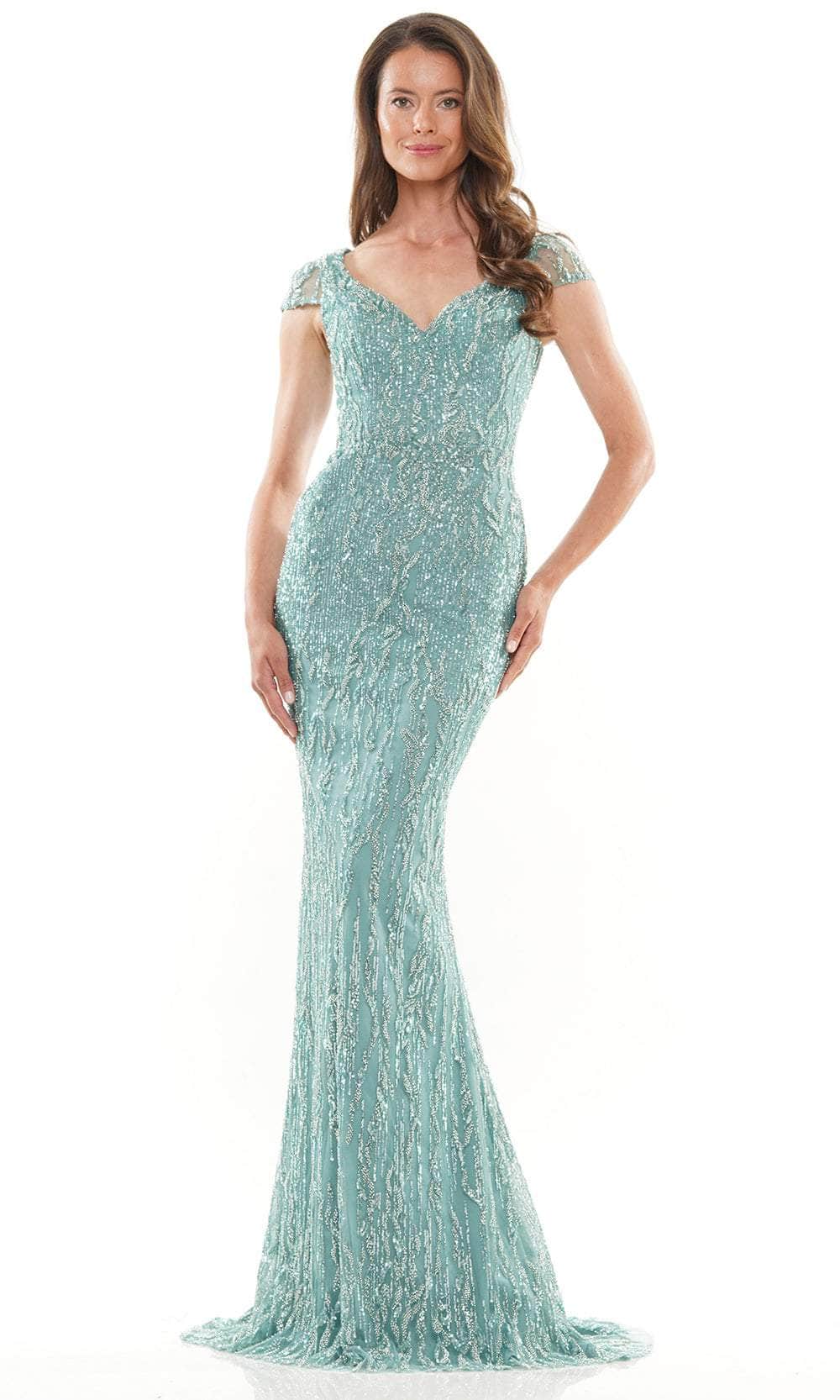 Sheer Cap Sleeve V-Neck Formal Gown