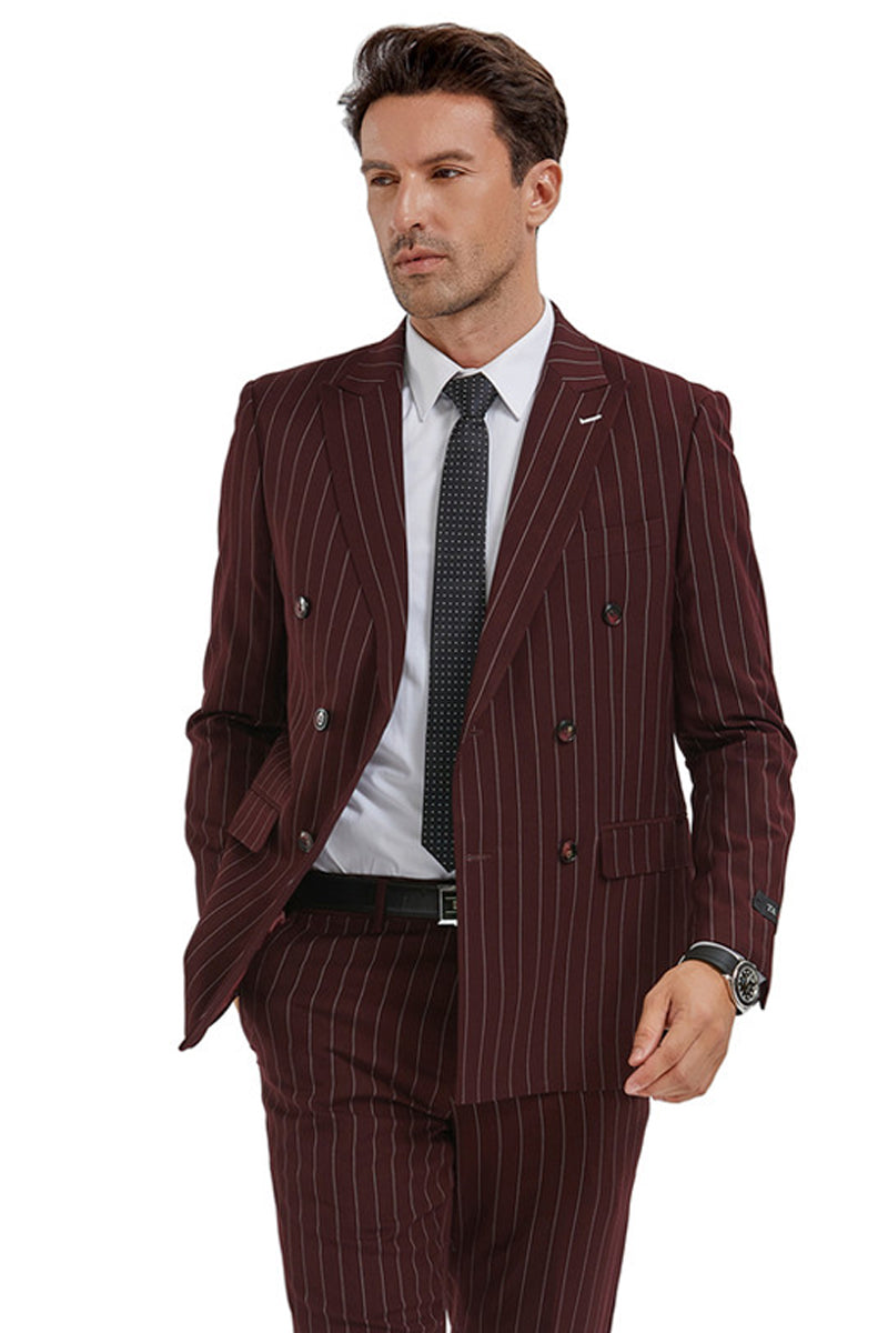 Men’s Slim Fit Double Breasted Bold Gangster Pinstripe Suit in Burgundy