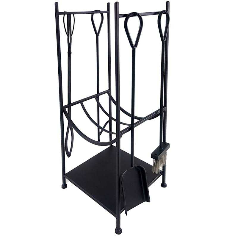 At Home Dark Brown Brushed Metal Log Holder & Fireplace Tool Set