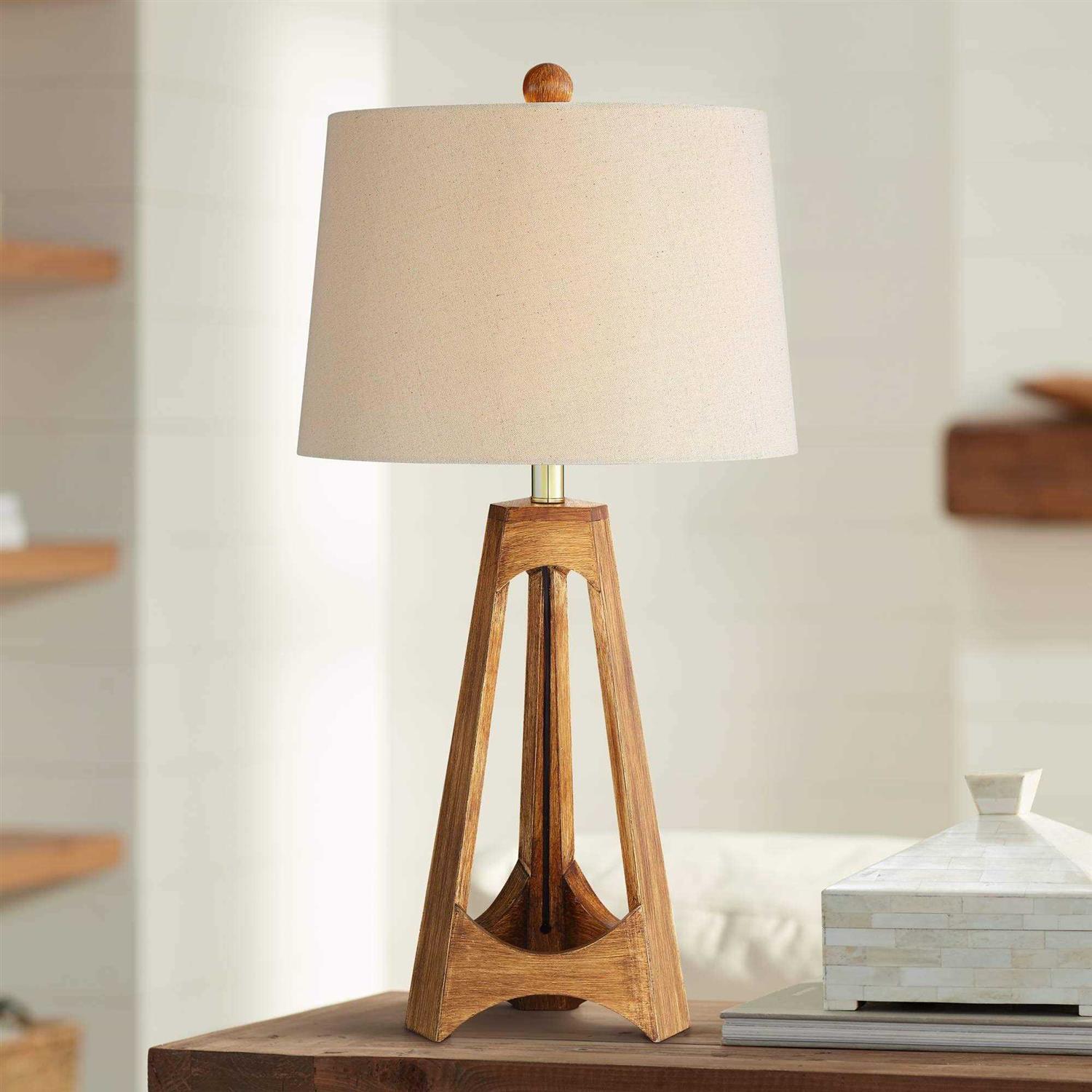 360 Lighting Archie Modern Mid Century Table Lamp 27 1/2 Tall Wood Tripod Off White Oatmeal Drum Shade for Bedroom Living Room Bedside Nightstand