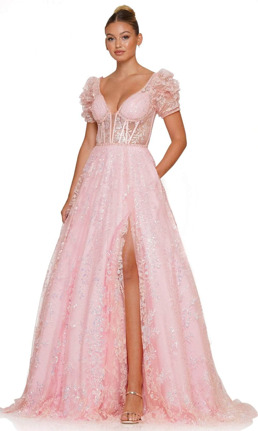 Puff Sleeve Glitter Prom Dress
