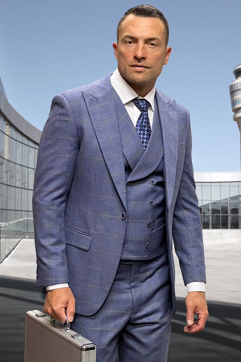 Men’s Designer Wool Suit with Double Breasted Vest in Steel Blue Windowpane Plaid