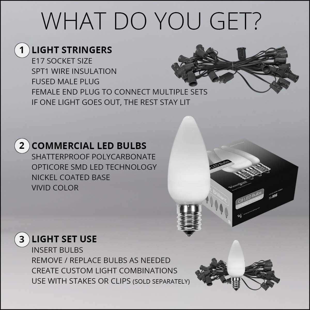 Wintergreen Lighting C9 Smooth OptiCore Commercial LED Christmas String Lights