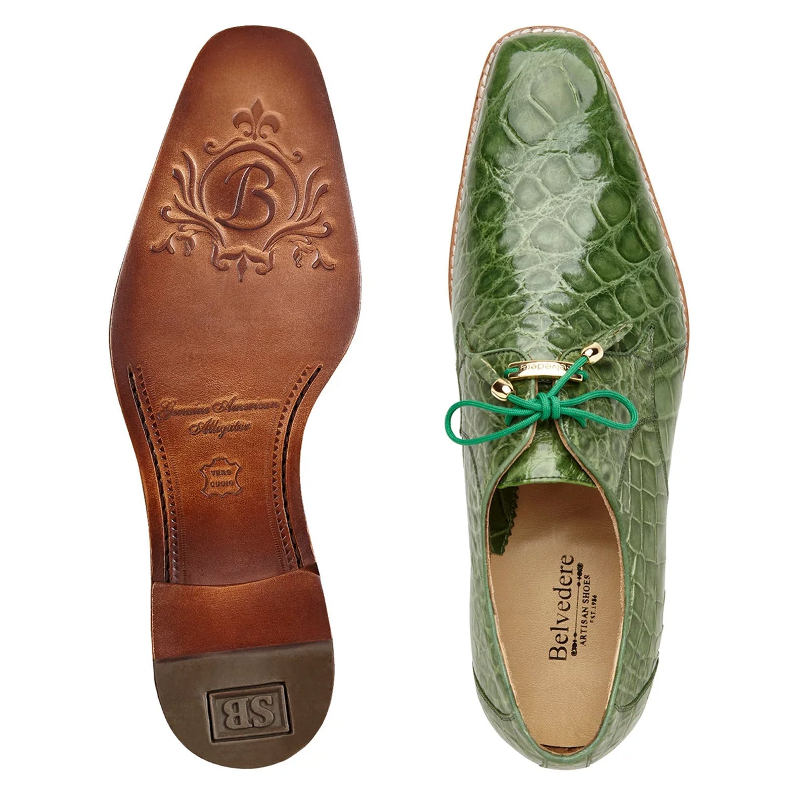 Men’s Belvedere Lago Genuine Alligator Plain Toe Dress Shoe in Pistachio Green
