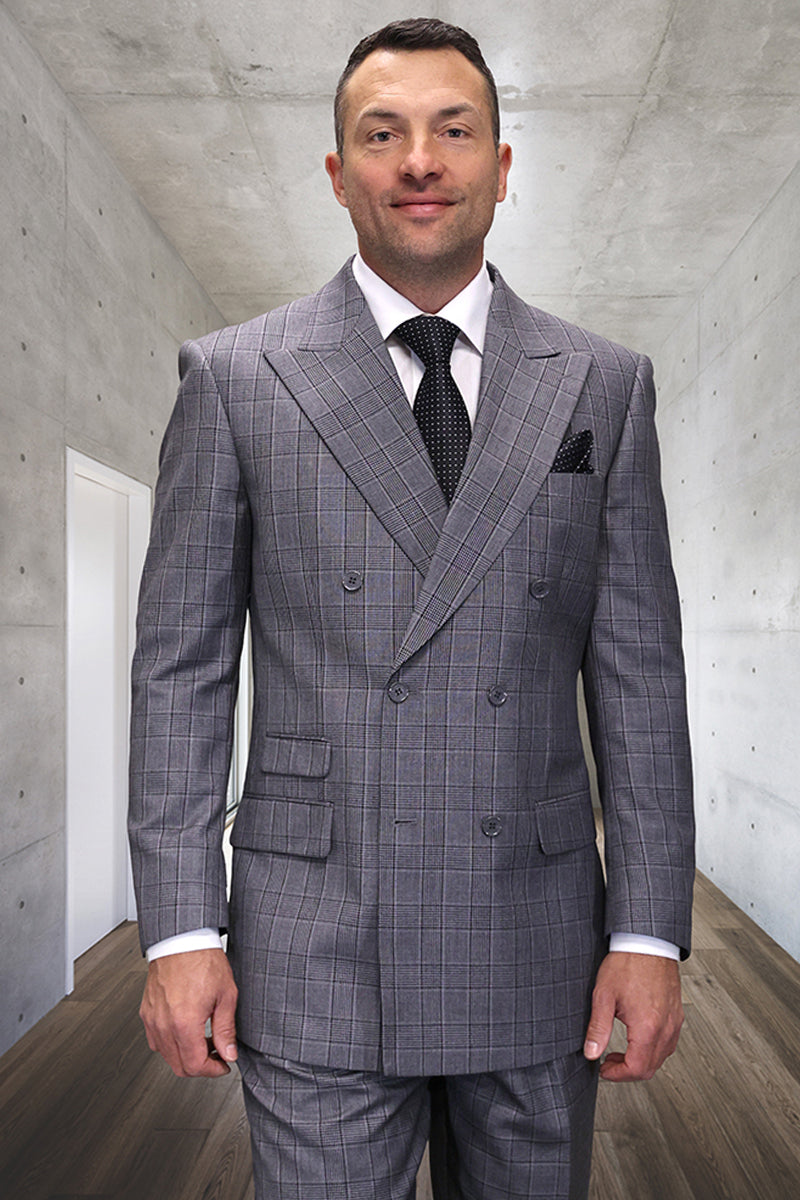 Men’s Designer Classic Fit Double Breasted Wool Suit in Black Plaid