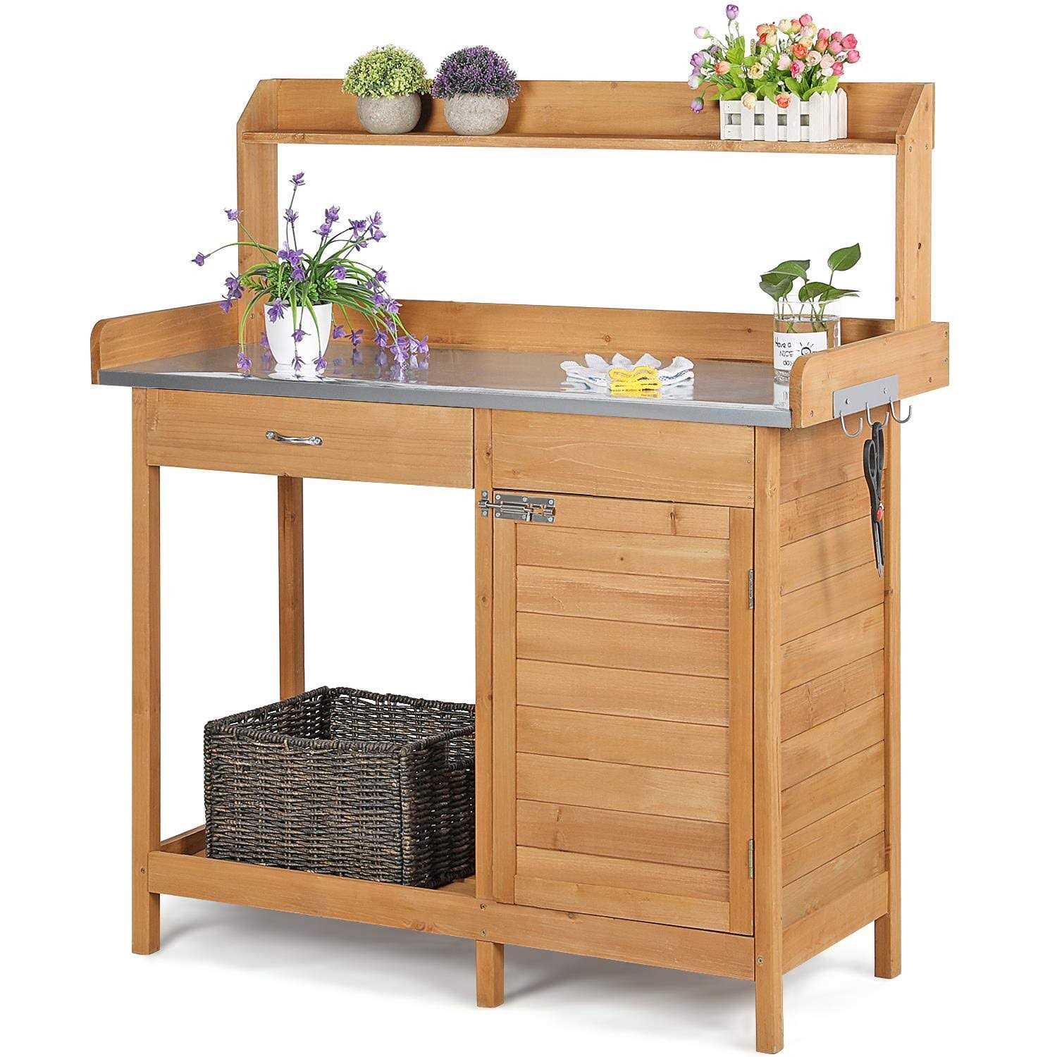 Topeakmart Outdoor Potting Bench Table Work Station Garden Planting with Cabinet & Drawer & Top Shelf & Lower Shelf