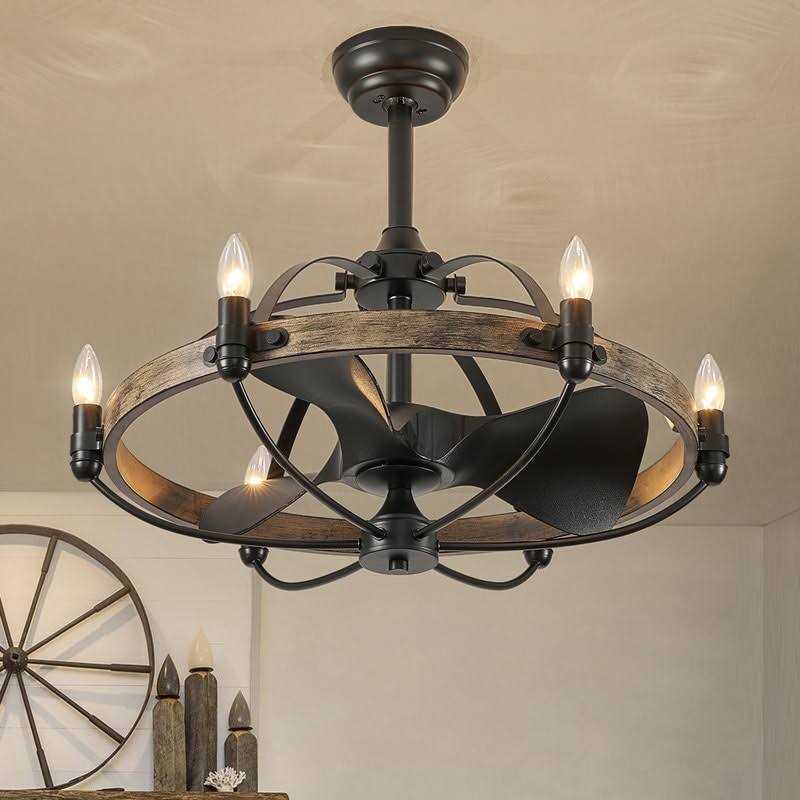 27-inch Modern Farmhouse Ceiling Fans 6-Light Wagon Wheel Chandelier Fan Caged Ceiling Fan with Light Remote Control