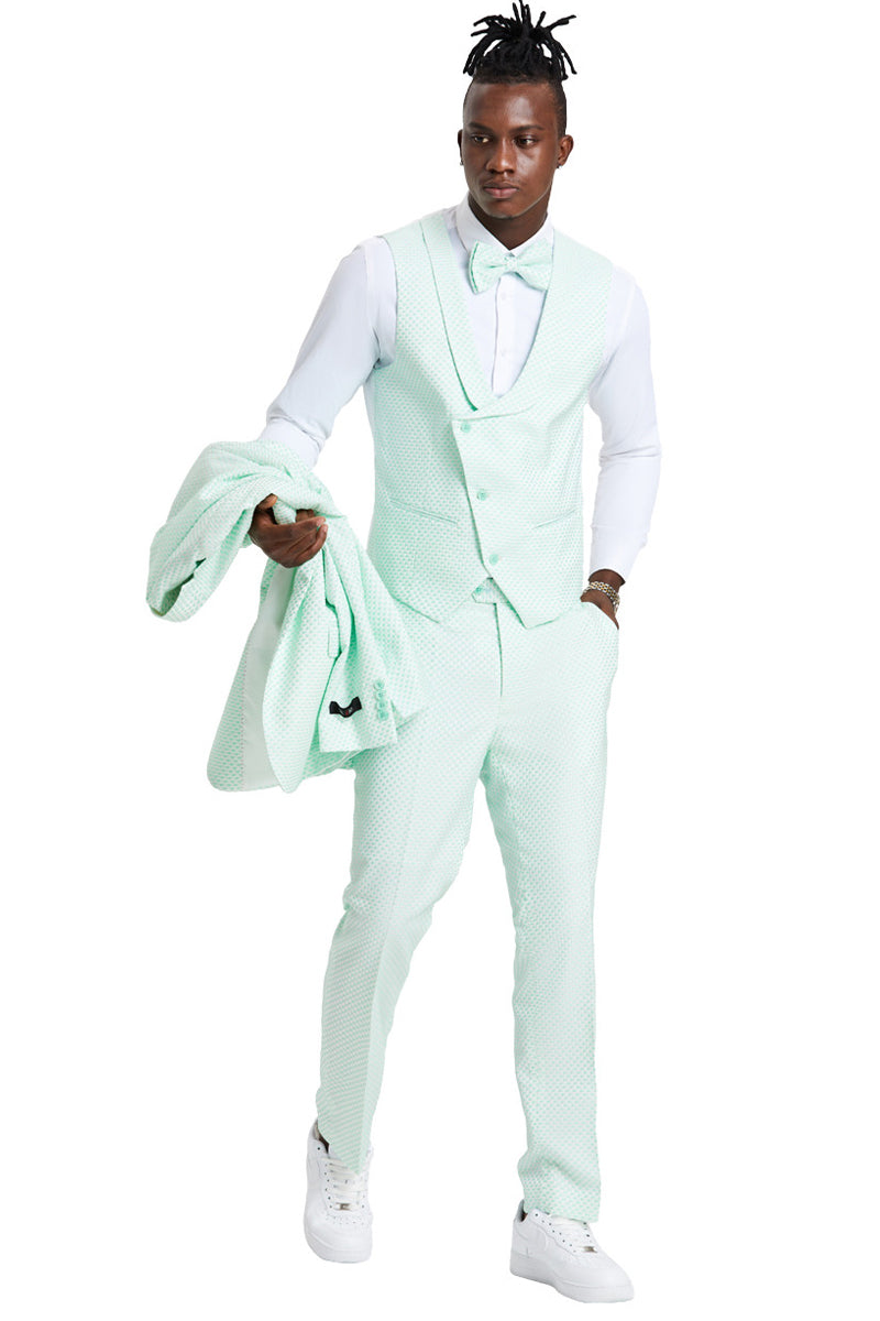 Men’s One Button Double Brested Vest Notch Lapel Prom & Wedding Suit in Mint Green Polka Dot
