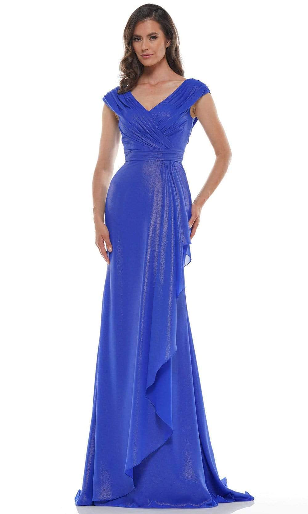 MV1073 Ruched V Neck Foil Chiffon Column Gown