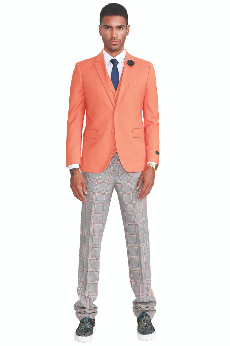 Men’s Two Button Vested Summer Suit in Orange with Grey & Orange Plaid Pants