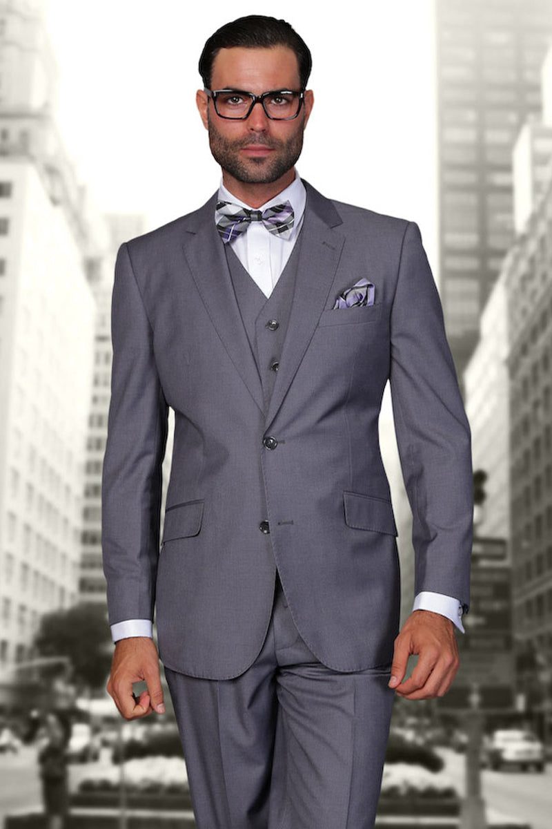Men’s Modern Fit Designer Vested Extra Long Wool Suit in Charcoal Grey