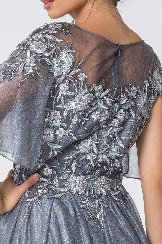 GL2830 Sheer Cape Sleeve Appliqued Chiffon Dress