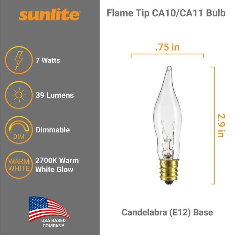 Sunlite 7CFC/25/12PK Flame Tip 7W Incandescent Petite Chandelier Light Bulb, Candelabra (