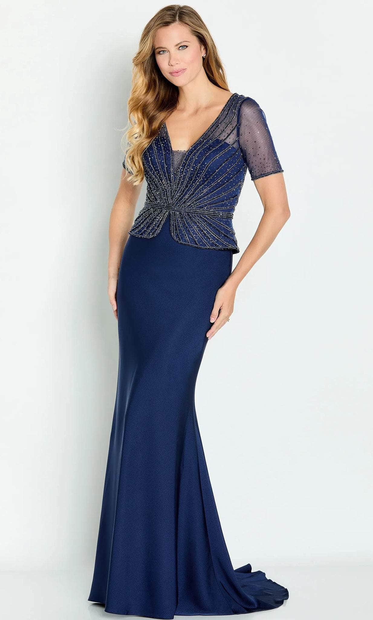 Short Sleeve Beaded Evening Gown