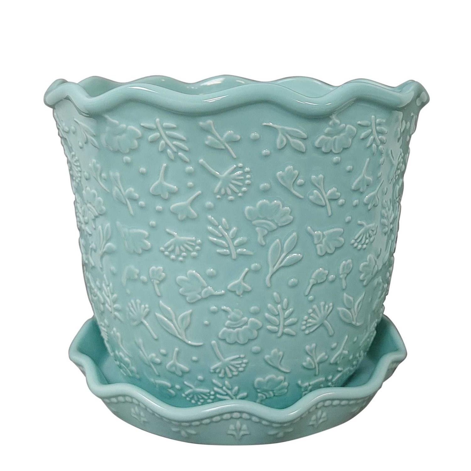 The Pioneer Woman Embossed Daisy Teal Planter