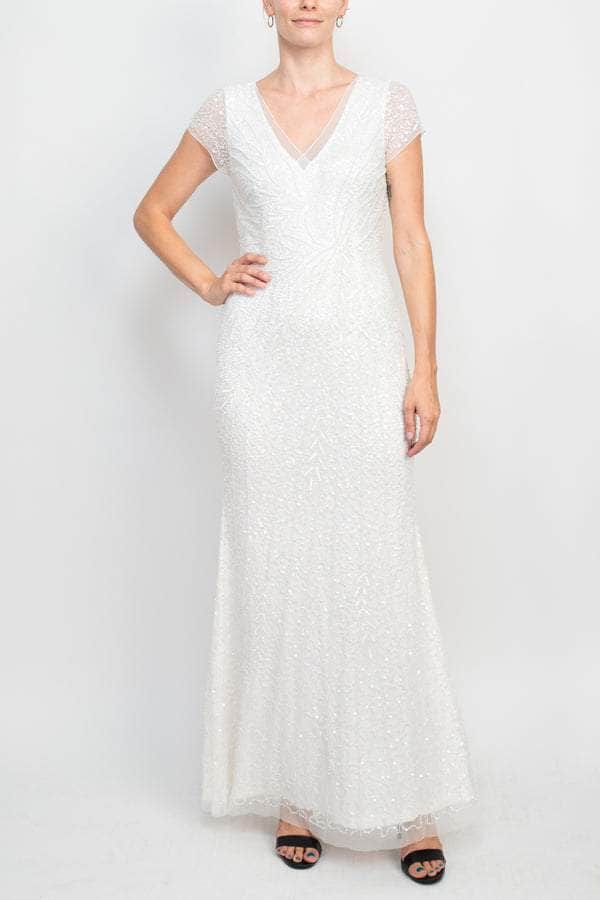 Beaded Mesh V-Neck Evening Gown