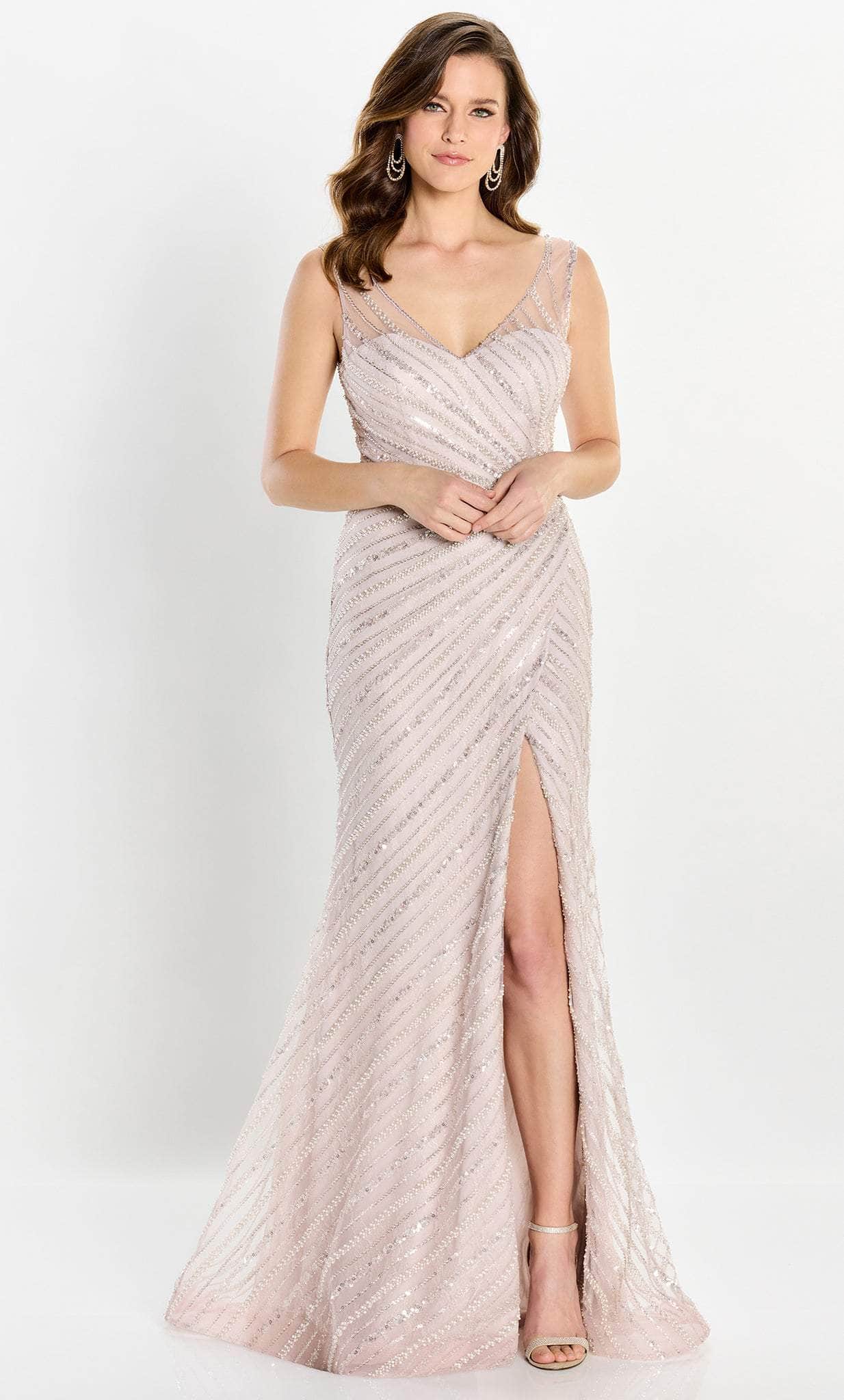 Pearl and Beaded Illusion Slit Gown