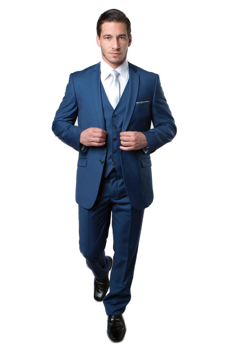 Men’s Two Button Slim Fit Basic Vested Wedding Suit in Indigo Blue
