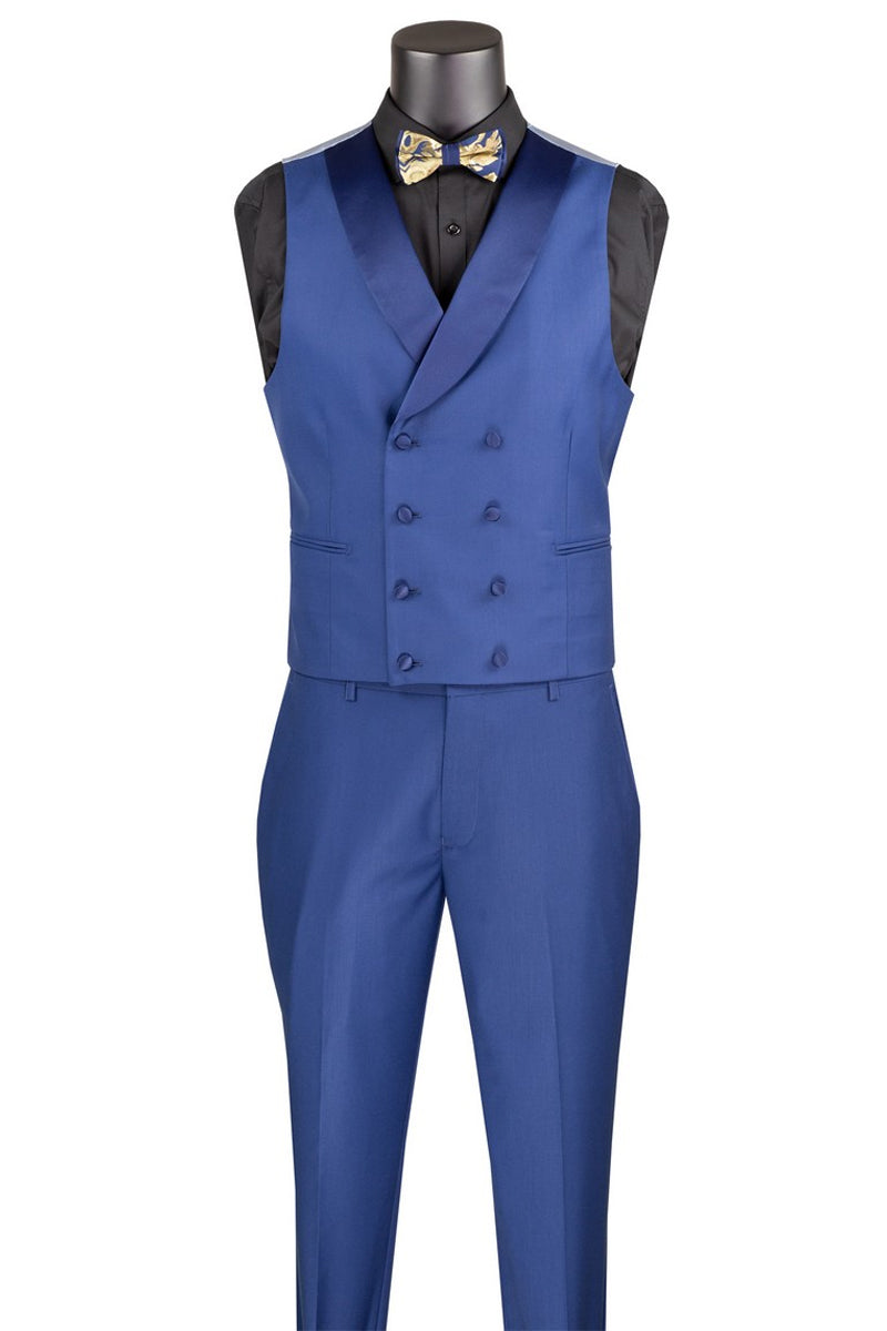 Men’s Shiny Paisley Jacquard Vested Wedding & Prom Tuxedo in Navy Blue & Gold