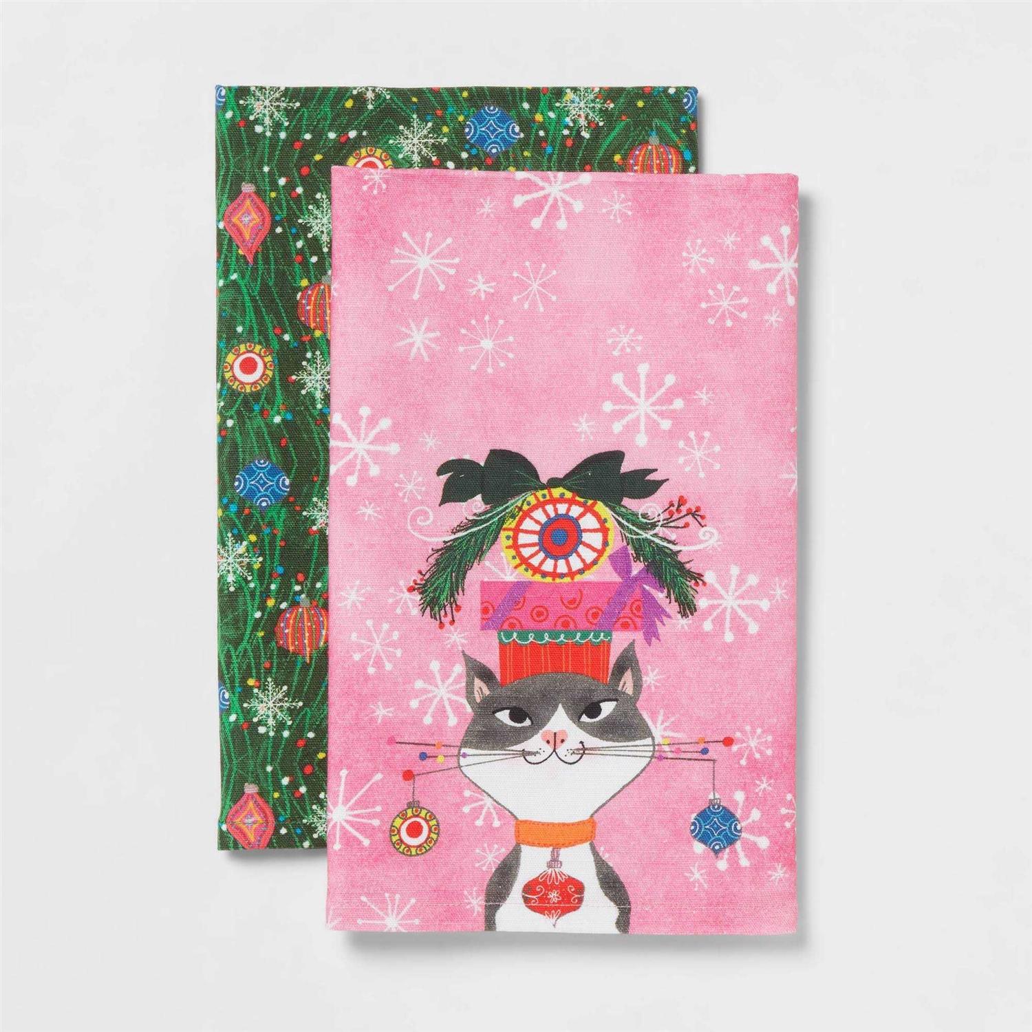 Wondershop 2pc Vanessa Brantley-Newton Design Slub Christmas Kitchen Towel Pink/Green