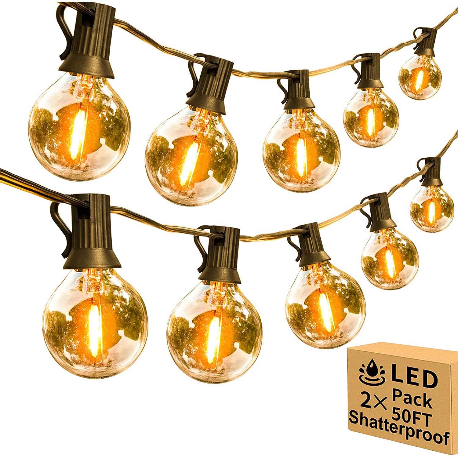 Arbrac 100ft 2-Pack Outdoor String Lights Waterproof with 52 LED Dimmable Shatterproof Bulbs