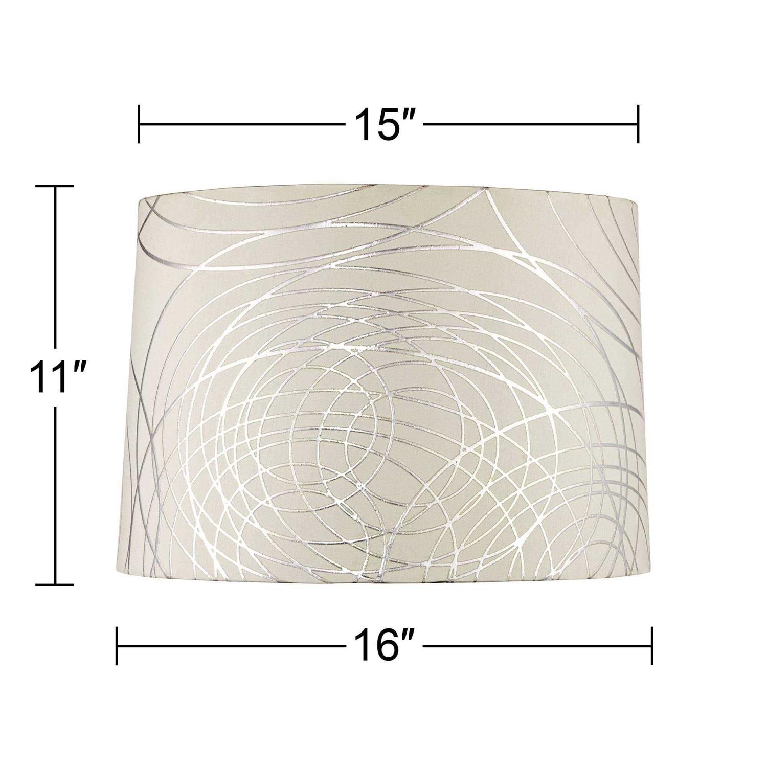 Springcrest Off-White with Silver Circles Medium Drum Lamp Shade 15 Top x 16 Bottom x 11 High Replacement with Harp and Finial