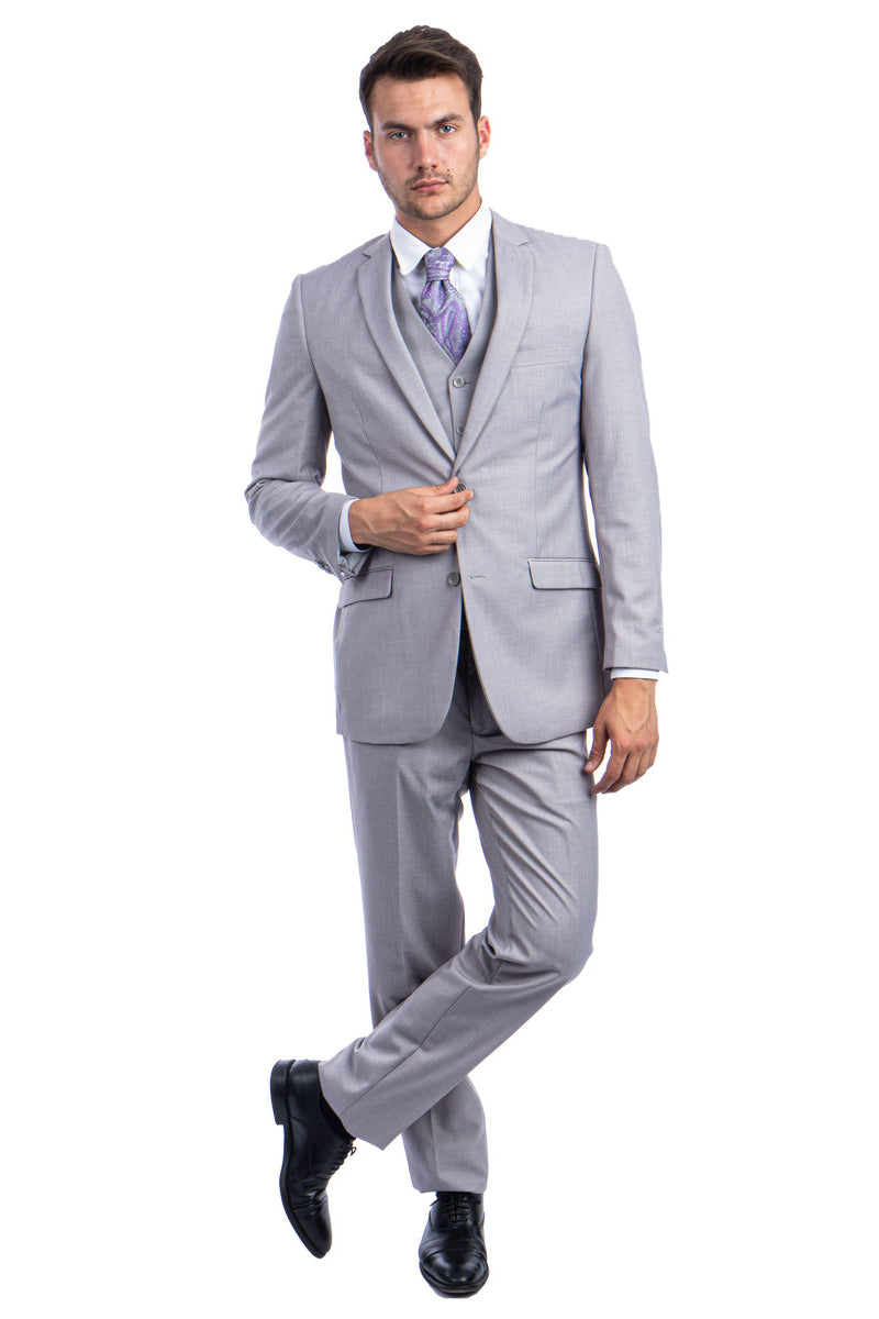 Men’s Two Button Basic Hybrid Fit Vested Suit in Light Grey