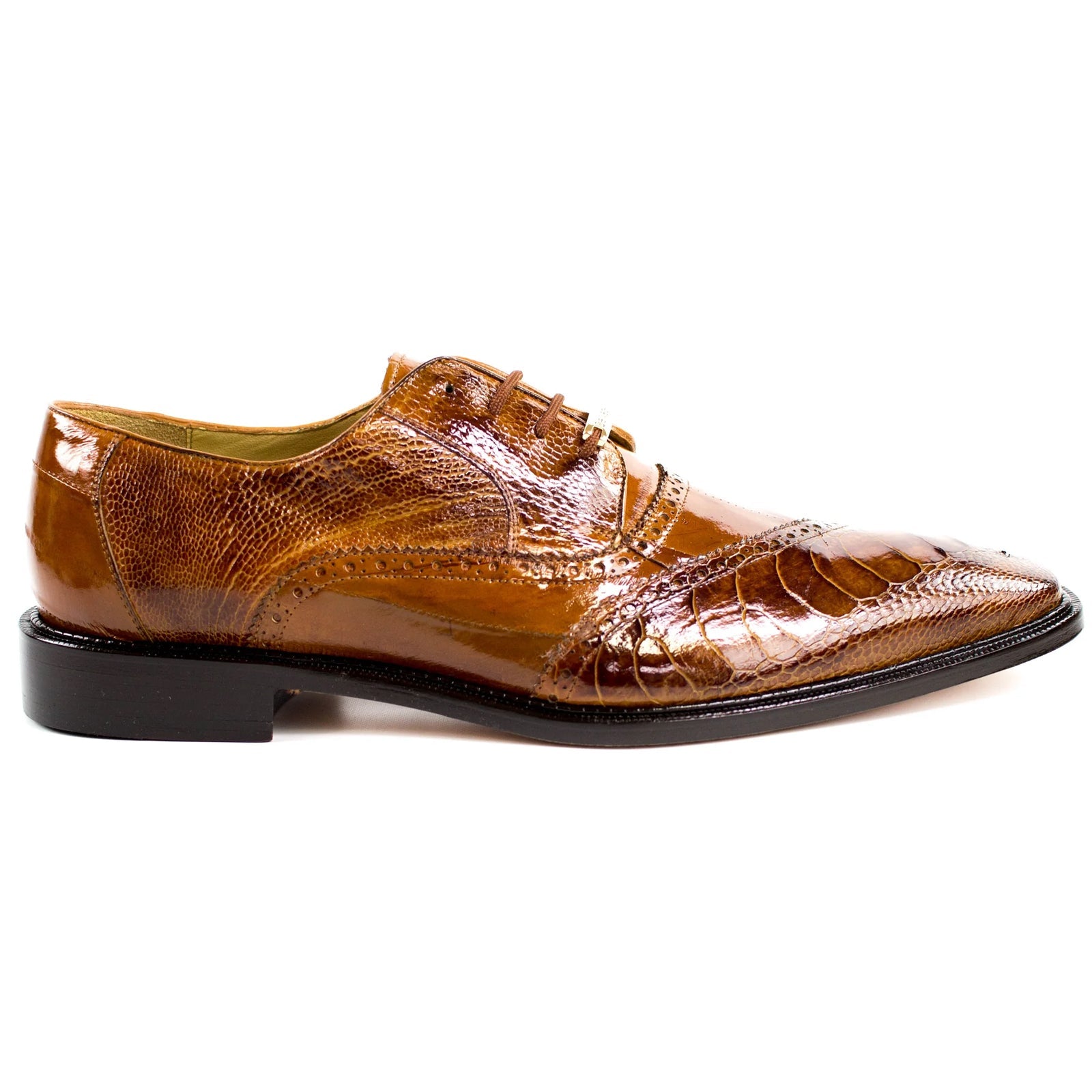 Men’s Belvedere Nino Slanted Wingtip Ostrich Leg & Eel Dress Shoe in Camel