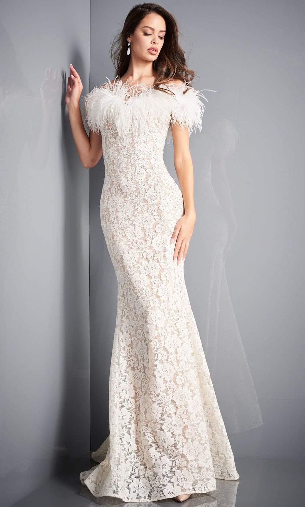 06451 Feather Off-Shoulder Allover Lace Mermaid Gown