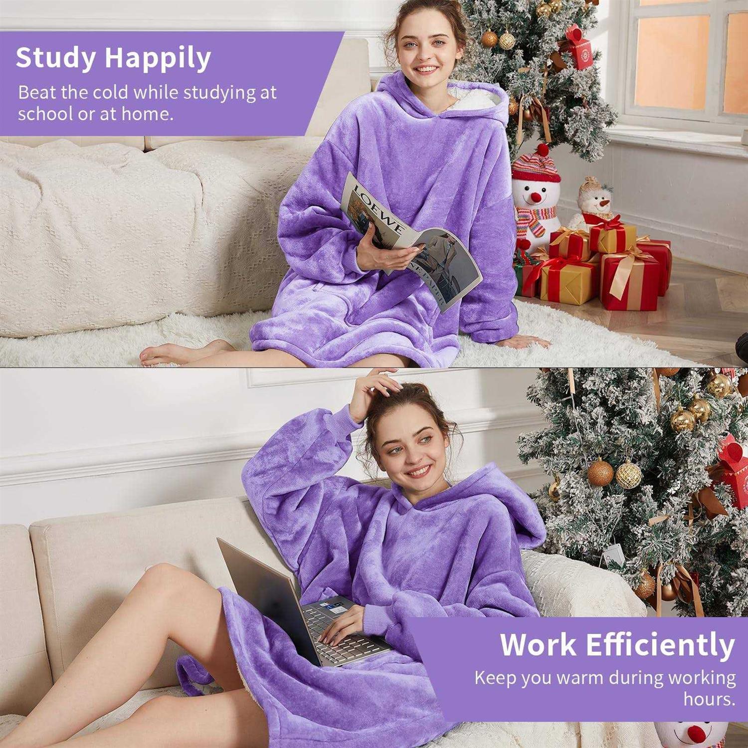 Aemilas Wearable Blanket Hoodie, Oversized Flannel Blanket Sweatshirt with Hood Pocket and Sleeves