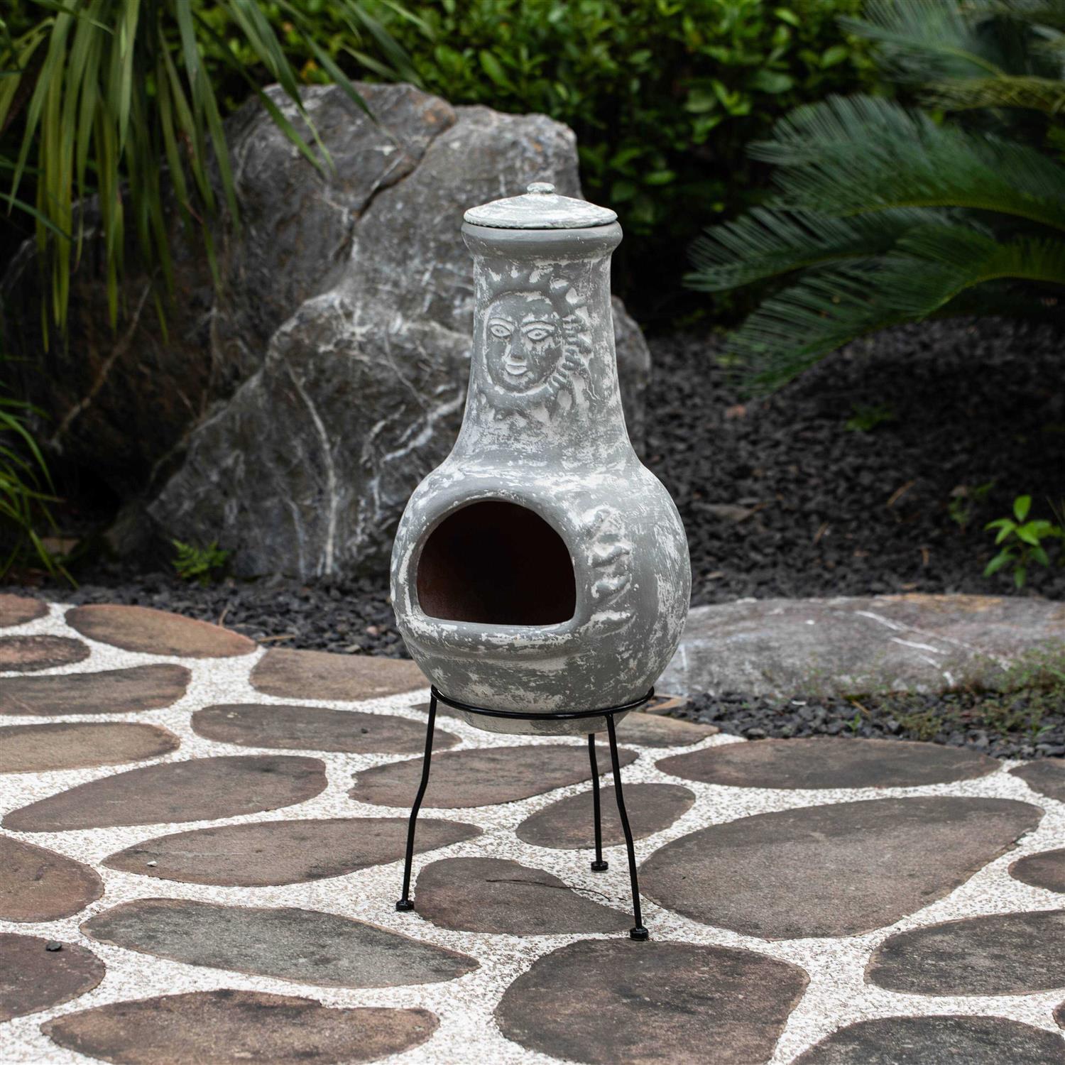 Vintiquewise Outdoor Clay Chiminea Fireplace Sun Design Wood Burning Fire Pit with Sturdy Metal Stand