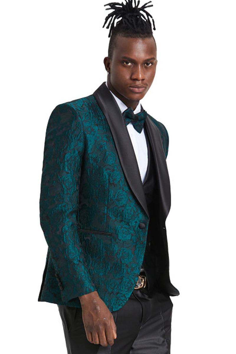 Men’s One Button Slim Fit Shiny Paisley Floral Vested Prom Tuxedo in Hunter Green