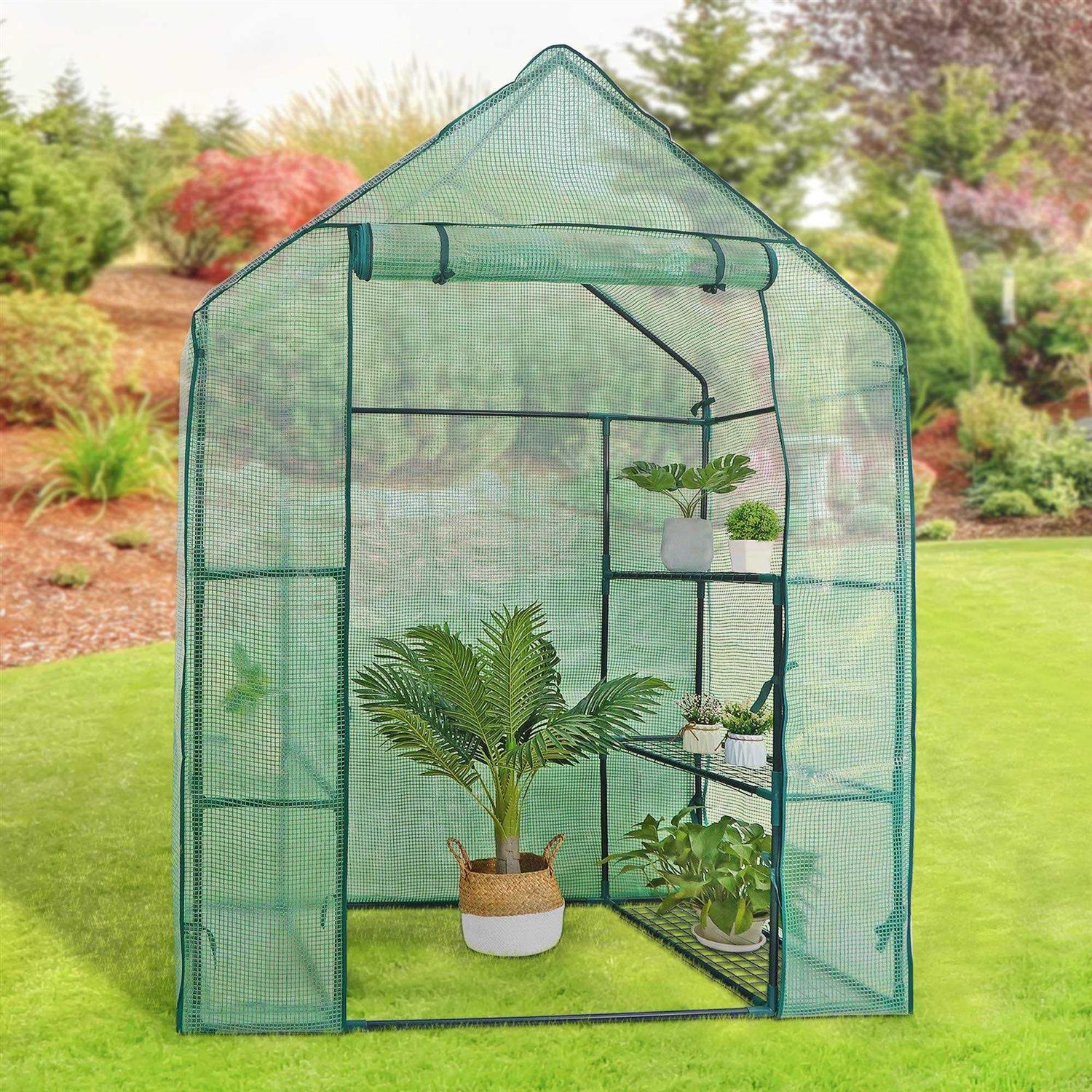 BBBuy Outdoor Portable Walk-in Greenhouse 3 Tiers 6 Shelves w/ Durable PE Cover Roll Up Zipper Door Steel Frame Screen Windows Garden Greenhouse