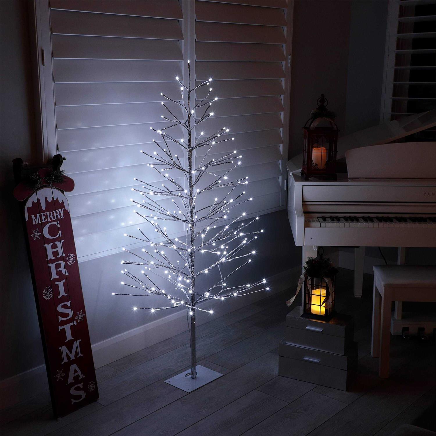 Alpine BYS144WT Silver Christmas Tree Decor with Cool White LED Lights