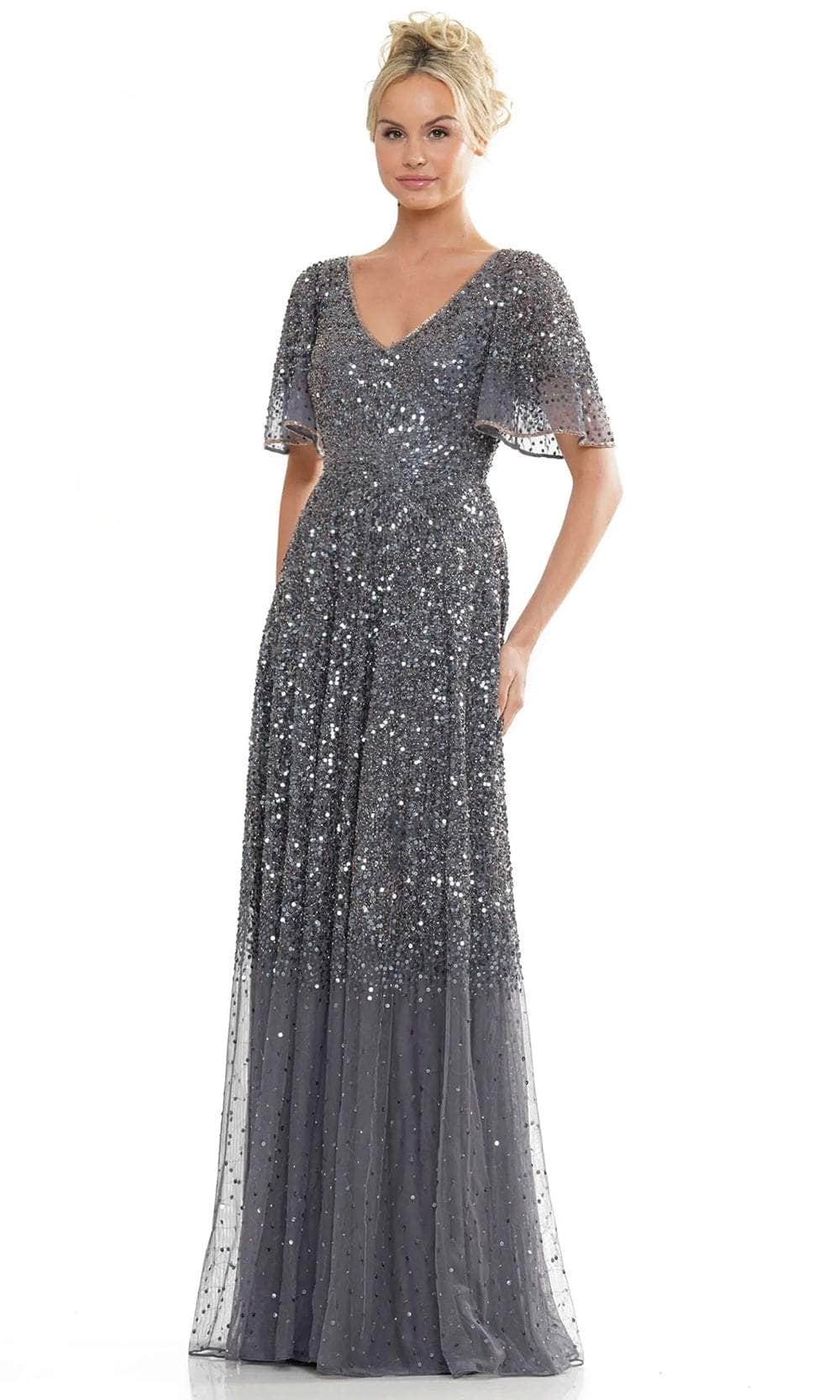 Flutter Sleeve Sequin Evening Dress