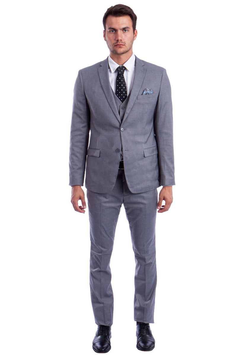 Men’s Two Button Slim Fit Vested Solid Basic Color Suit in Medium Grey