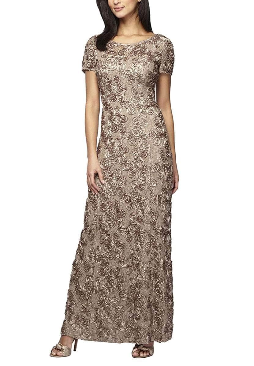 212788 Rosette Lace Sequin Short Sleeve A-Line Gown